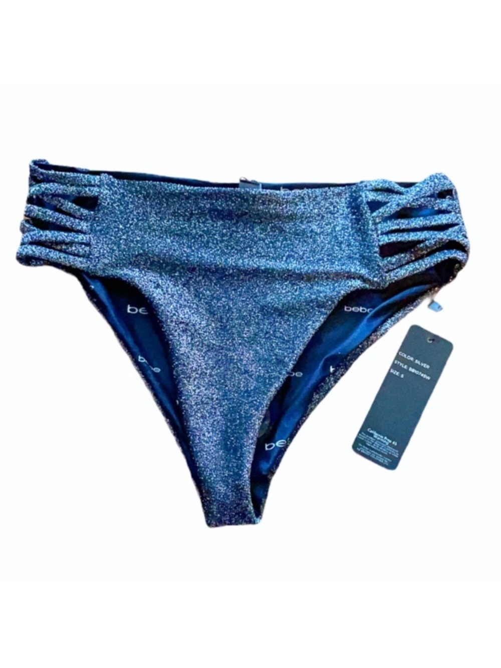 Bebe high waist silver glitter cutout bikini size small
